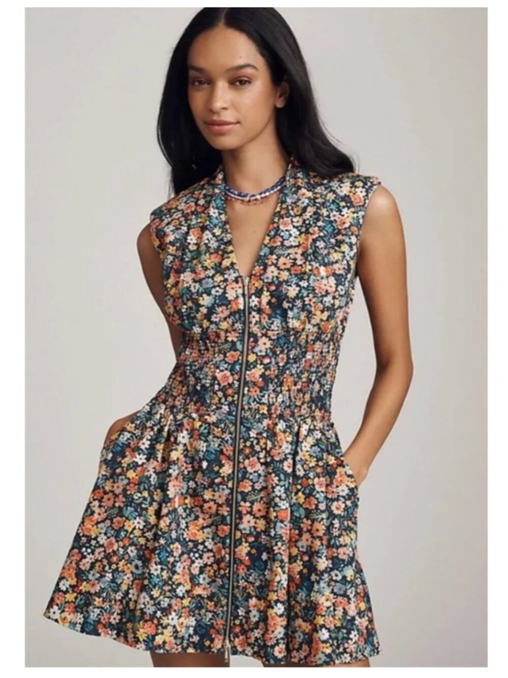 ANTHROPOLOGIE Tommie Navy Floral Smocked Waist Mini Dress sz S Petite